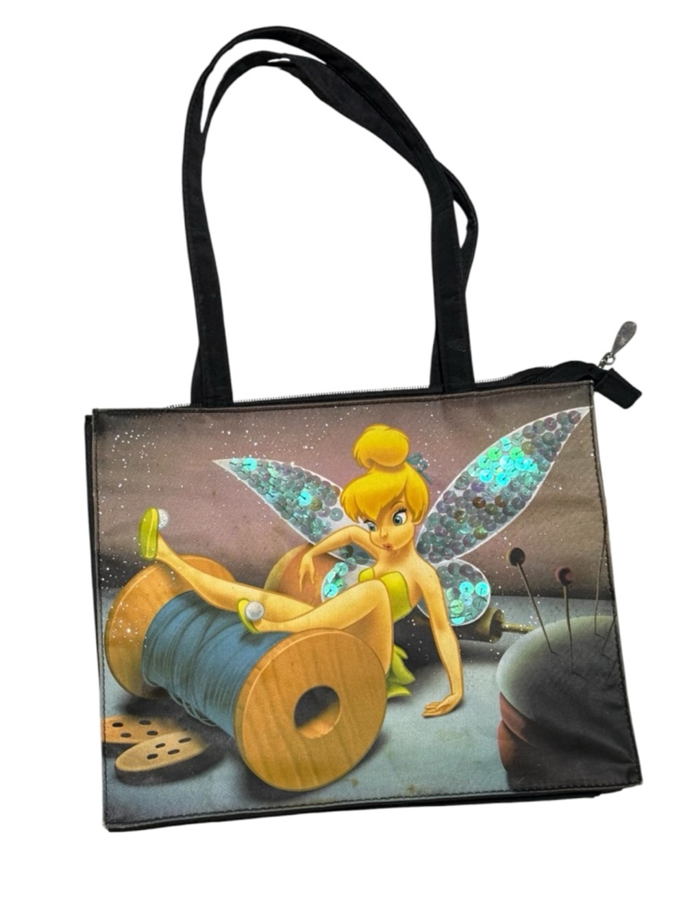 Authentic Disney merchandise Y2K Tinker Bell Sequin Wing Canvas Tote Bag - Black